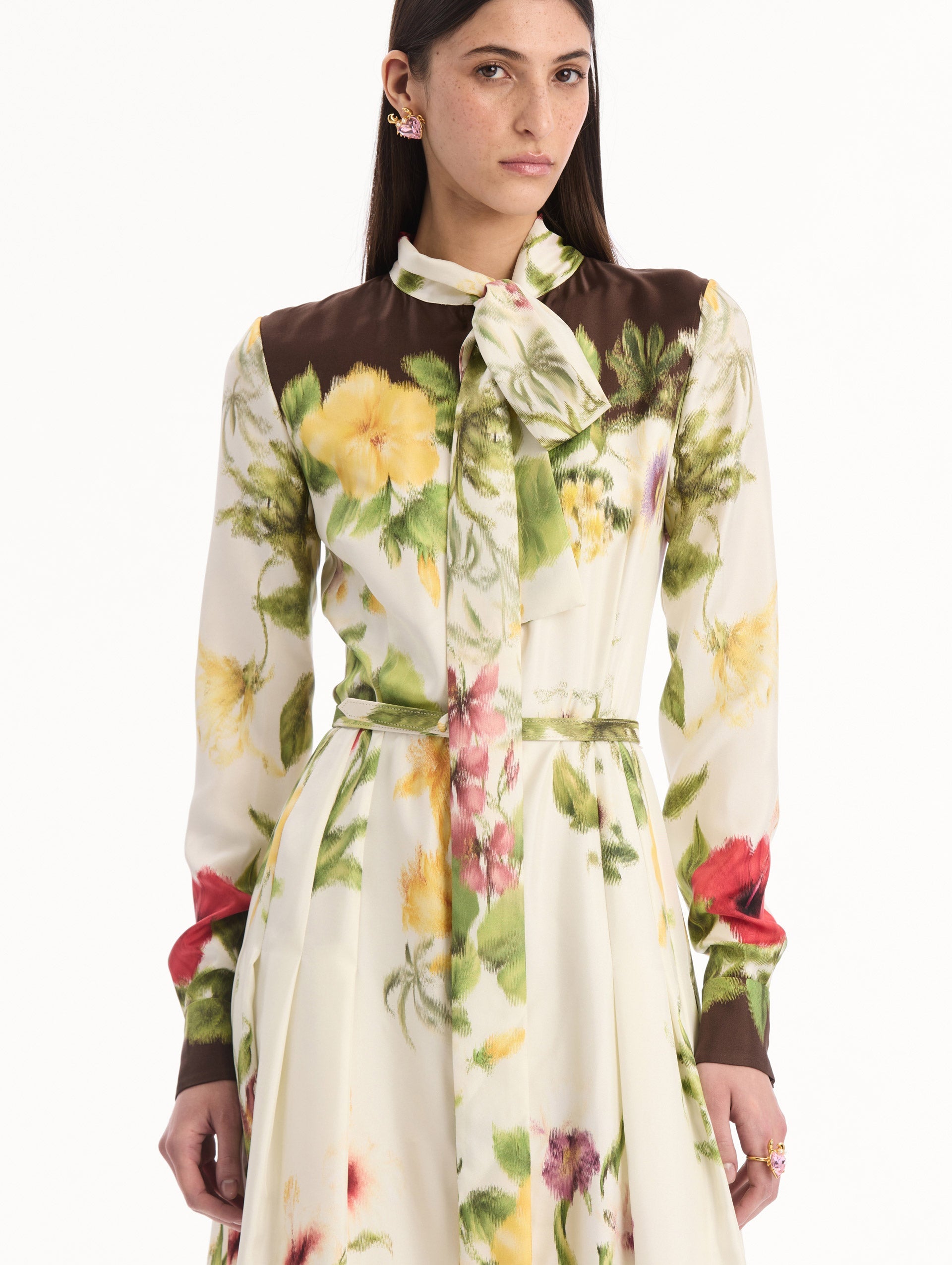 Oscar de la Renta Chiné Dominican Mixed-Floral Silk Twill Dress
