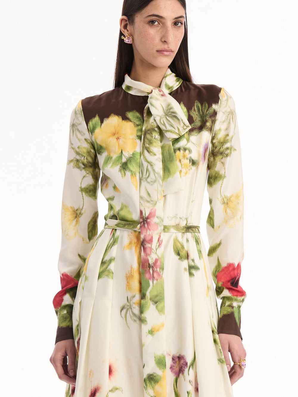 Oscar de la Renta Chiné Dominican Mixed-Floral Silk Twill Dress