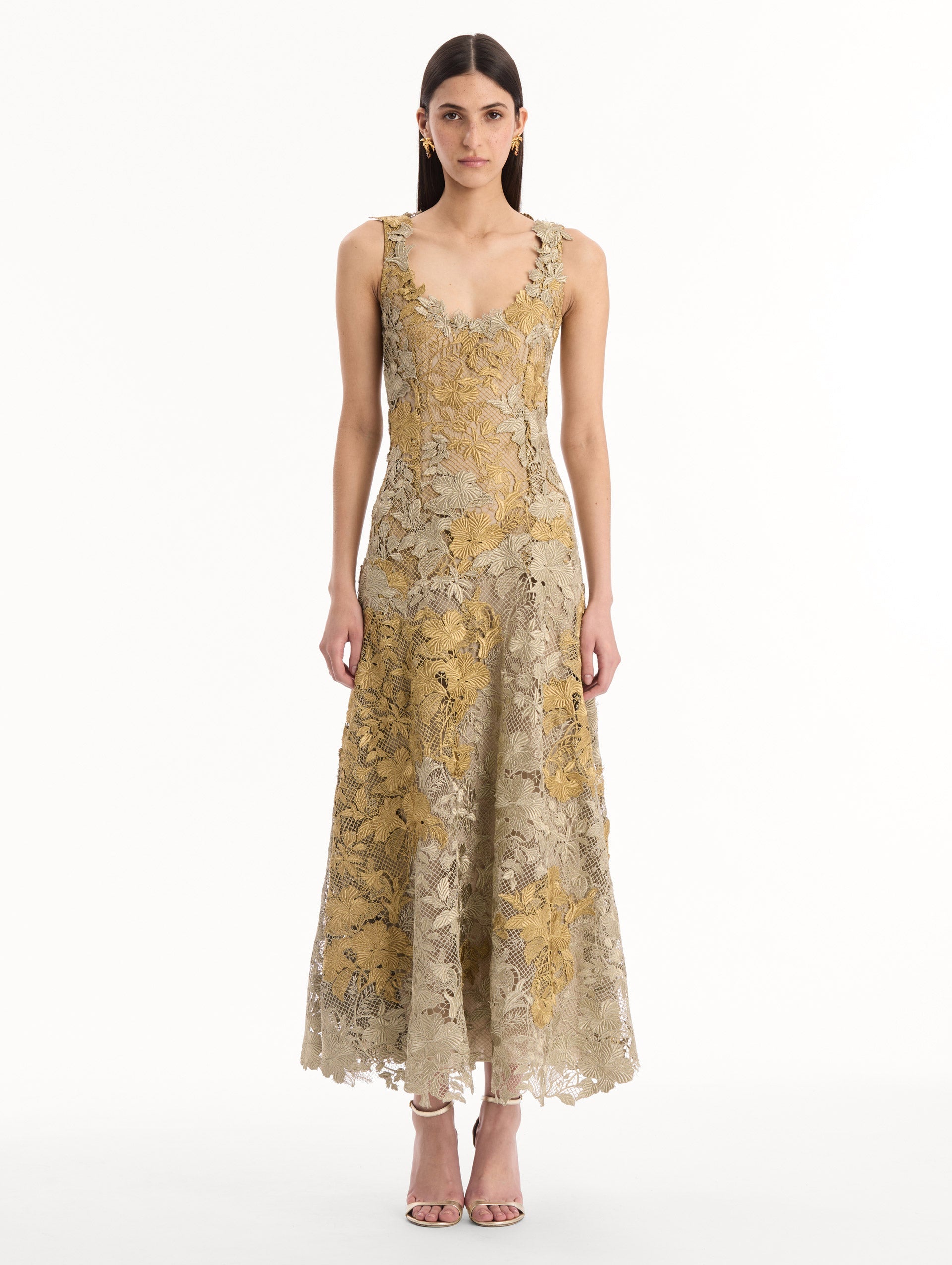 Oscar de la Renta Hibiscus Metallic Guipure Cocktail Dress
