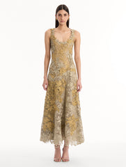Oscar de la Renta Hibiscus Metallic Guipure Cocktail Dress