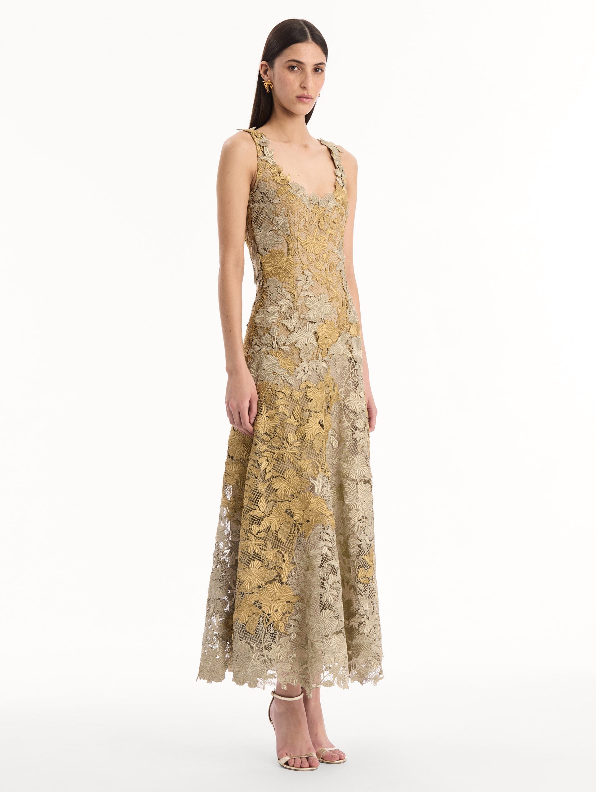 Oscar de la Renta Hibiscus Metallic Guipure Cocktail Dress