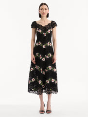 Oscar de la Renta Chiné Hibiscus Striped Faille Midi Dress