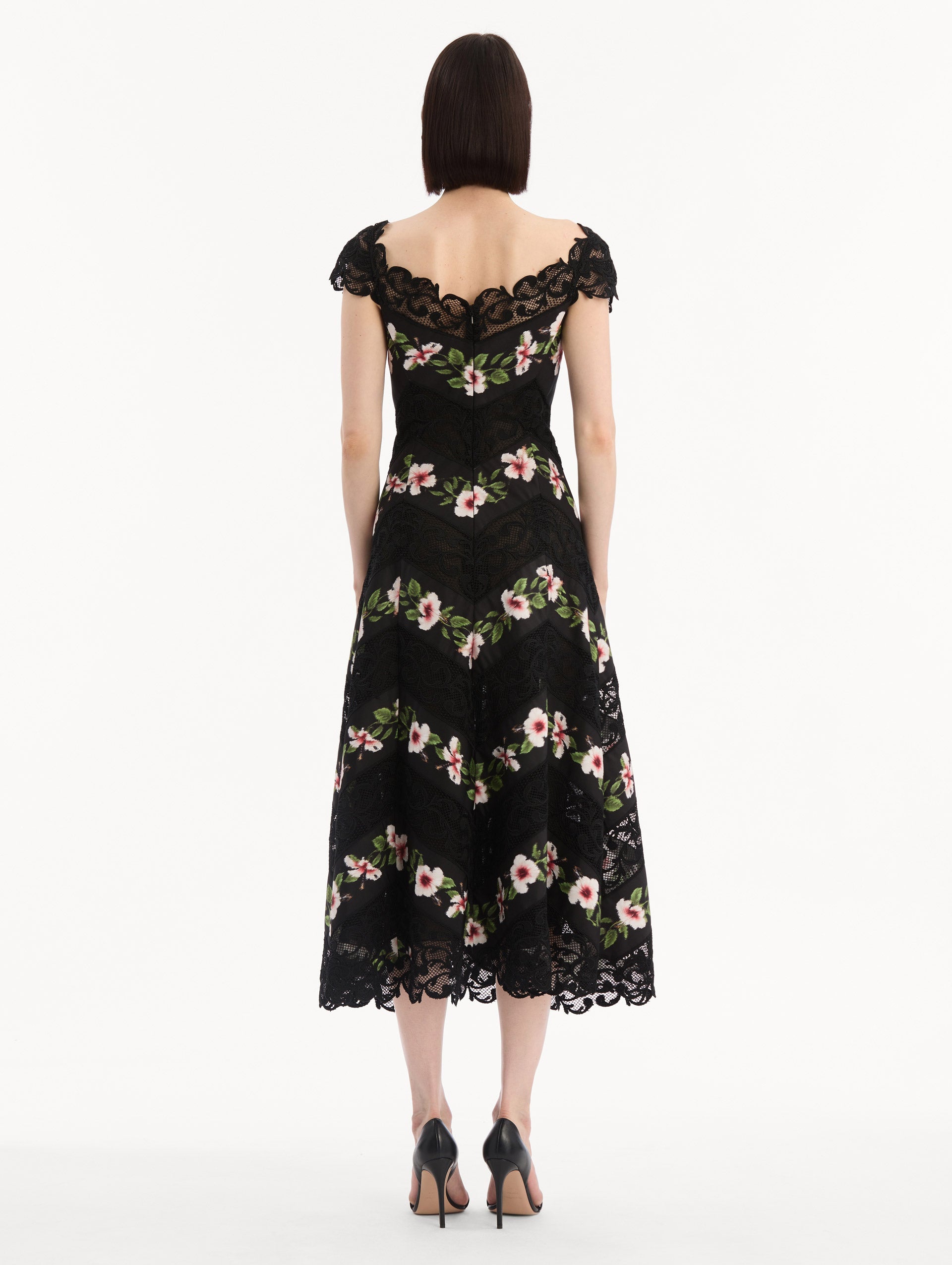 Oscar de la Renta Chiné Hibiscus Striped Faille Midi Dress