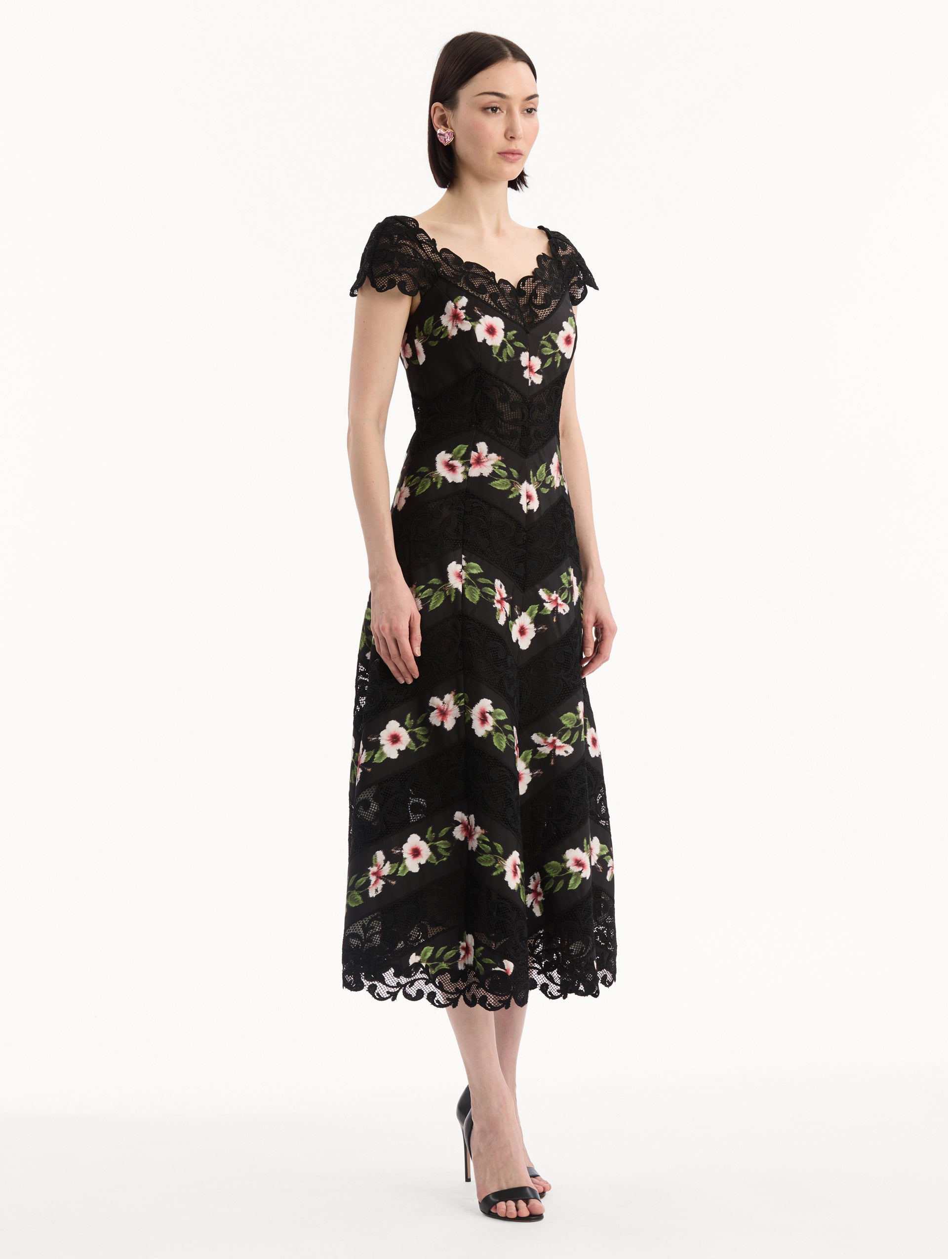 Oscar de la Renta Chiné Hibiscus Striped Faille Midi Dress
