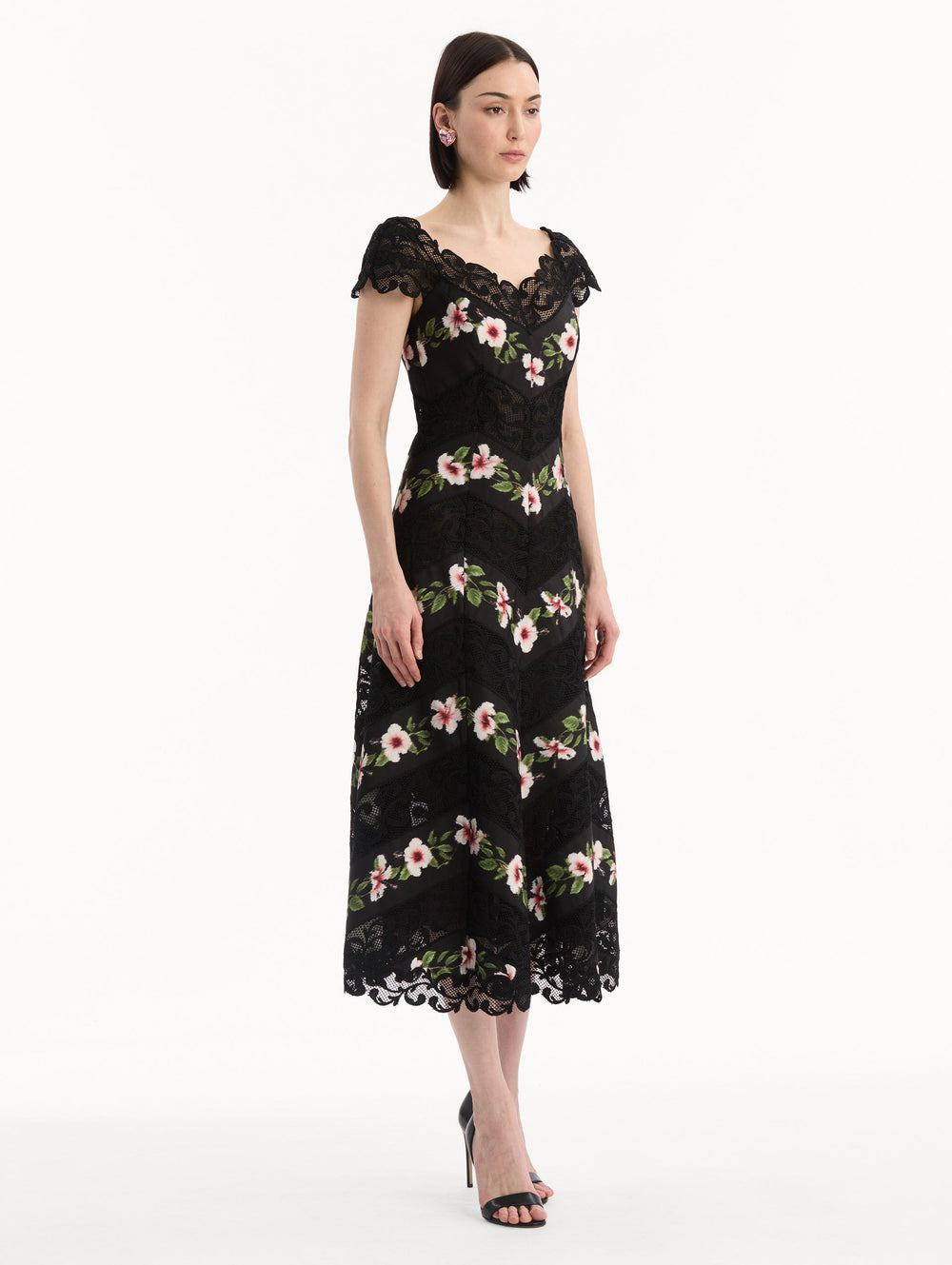 Oscar de la Renta Chiné Hibiscus Striped Faille Midi Dress