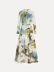Oscar de la Renta Dominican Landscape Cotton Poplin Short-Sleeve Dress