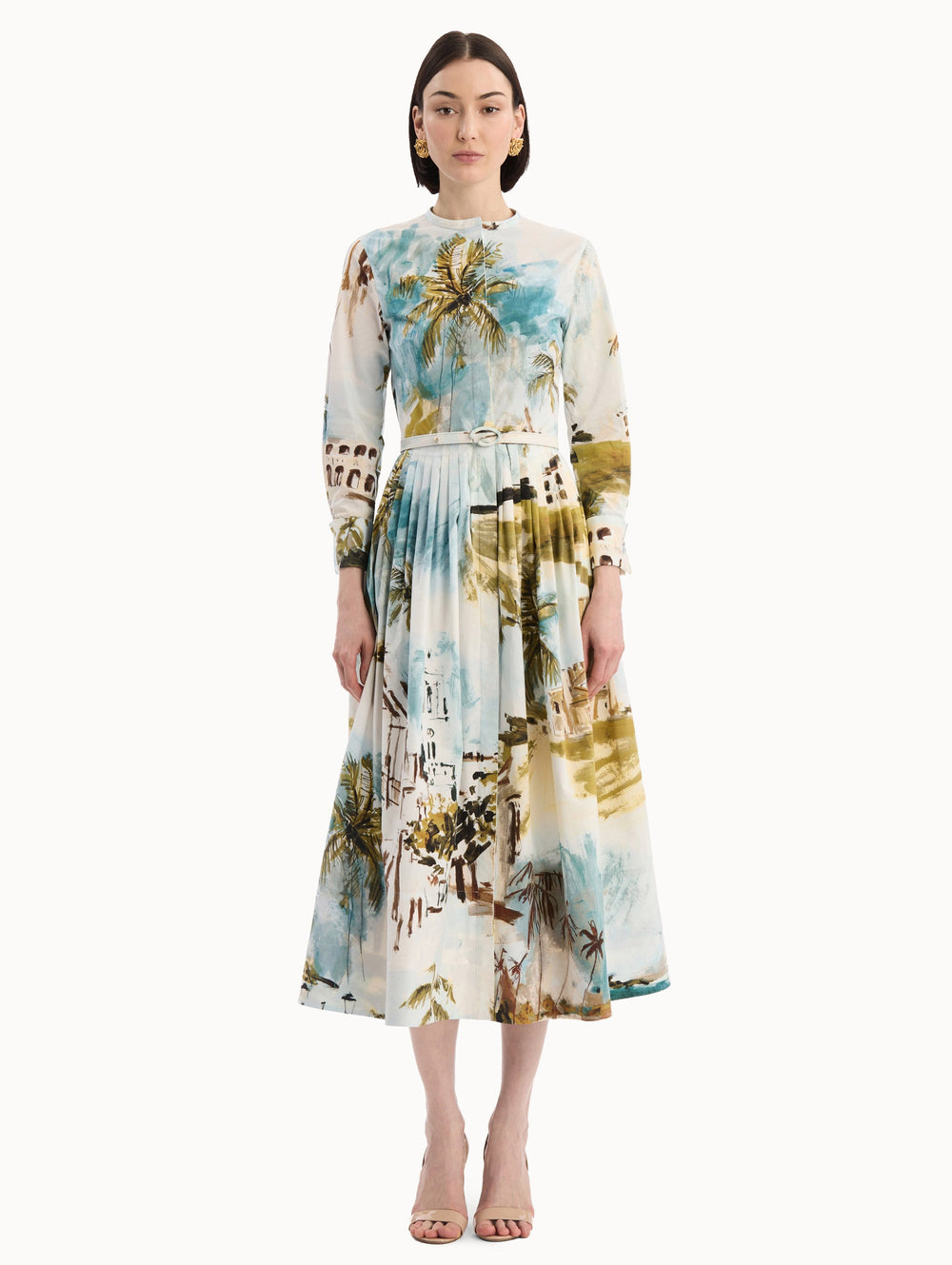 Oscar de la Renta Dominican Landscape Cotton Poplin Short-Sleeve Dress