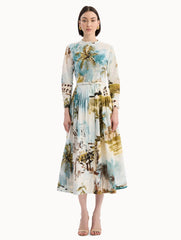 Oscar de la Renta Dominican Landscape Cotton Poplin Short-Sleeve Dress