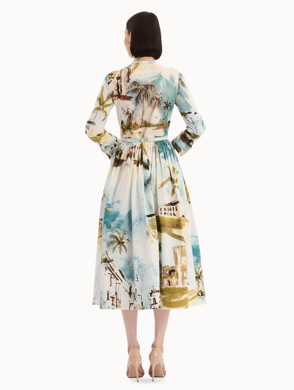 Oscar de la Renta Dominican Landscape Cotton Poplin Short-Sleeve Dress