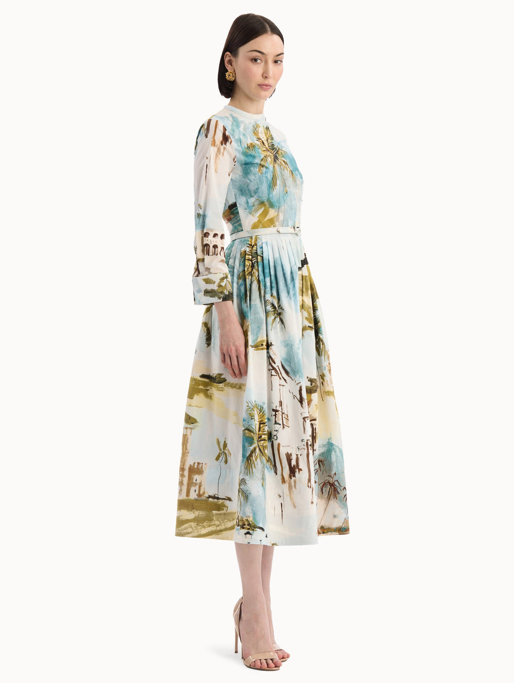 Oscar de la Renta Dominican Landscape Cotton Poplin Short-Sleeve Dress