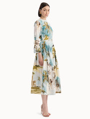 Oscar de la Renta Dominican Landscape Cotton Poplin Short-Sleeve Dress