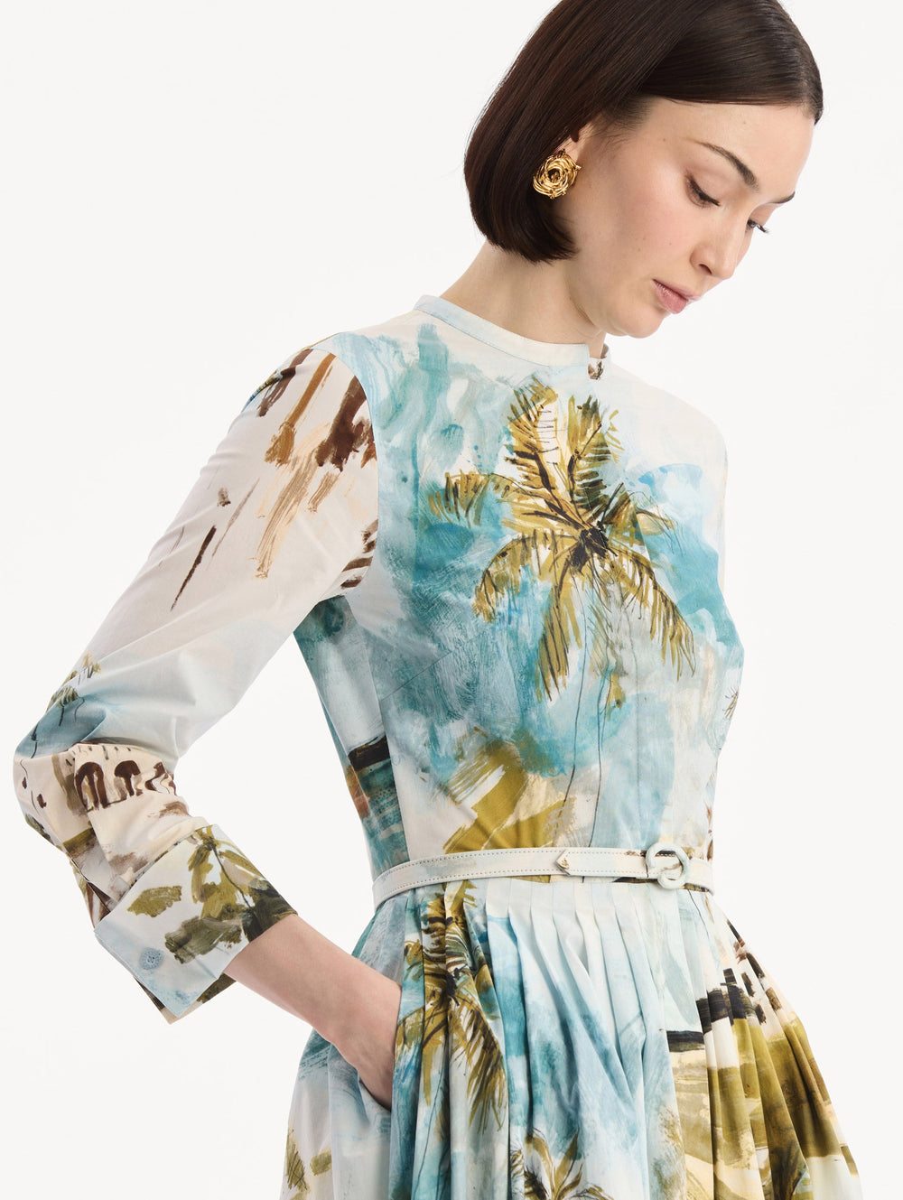 Oscar de la Renta Dominican Landscape Cotton Poplin Short-Sleeve Dress