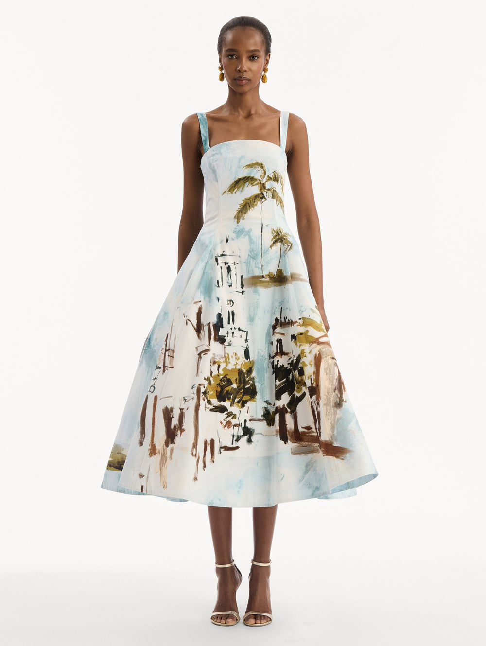Oscar de la Renta Dominican Landscape Cotton Poplin Sleeveless Dress