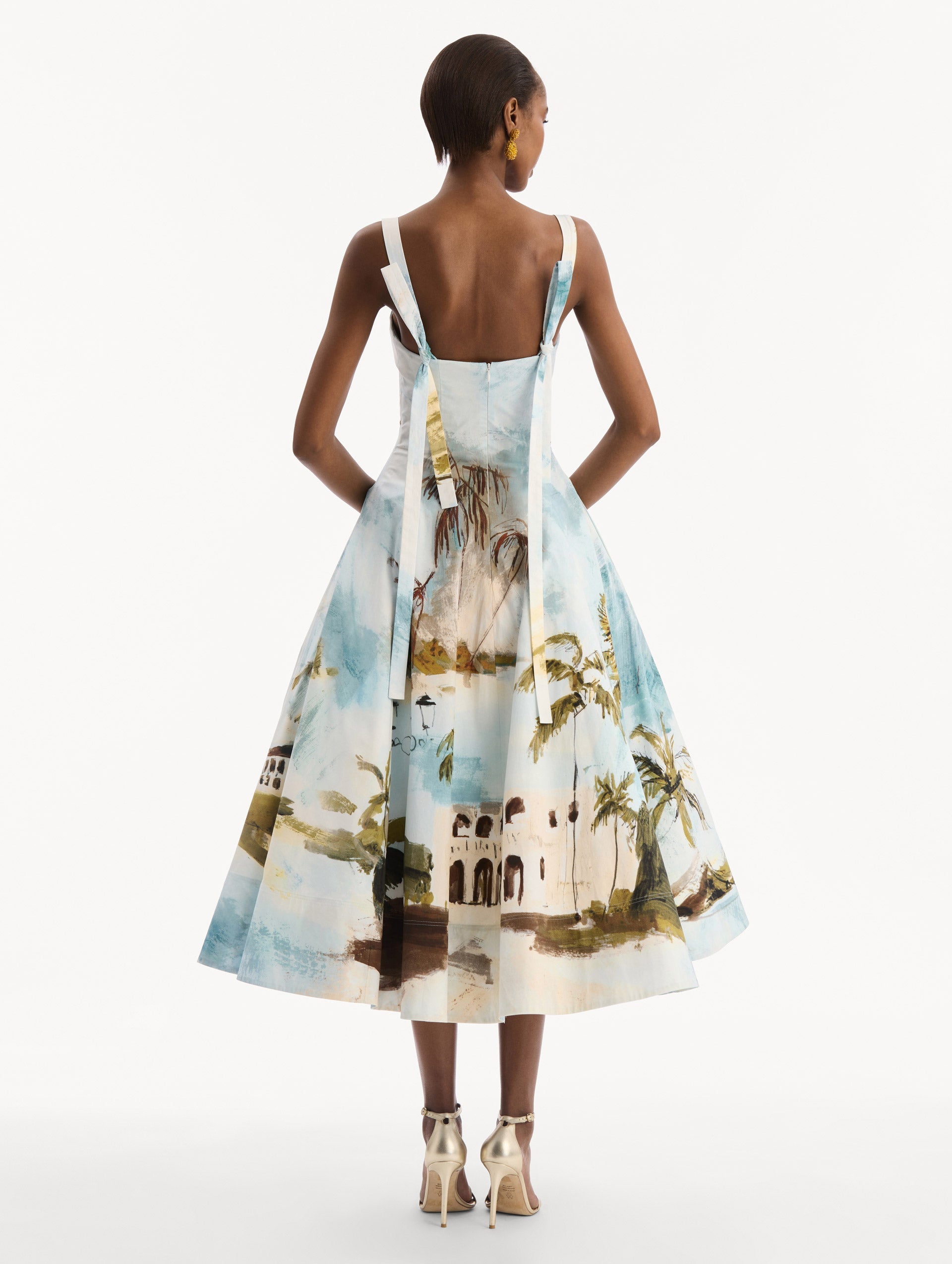 Oscar de la Renta Dominican Landscape Cotton Poplin Sleeveless Dress