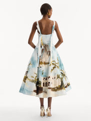 Oscar de la Renta Dominican Landscape Cotton Poplin Sleeveless Dress