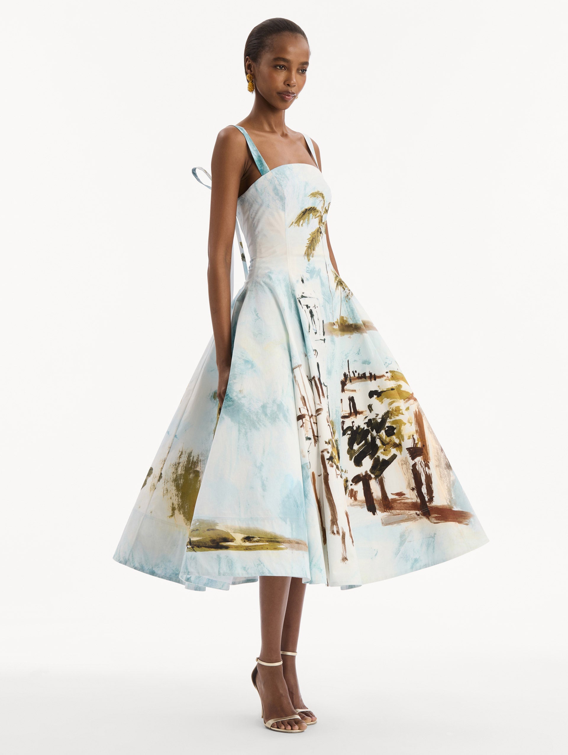 Oscar de la Renta Dominican Landscape Cotton Poplin Sleeveless Dress