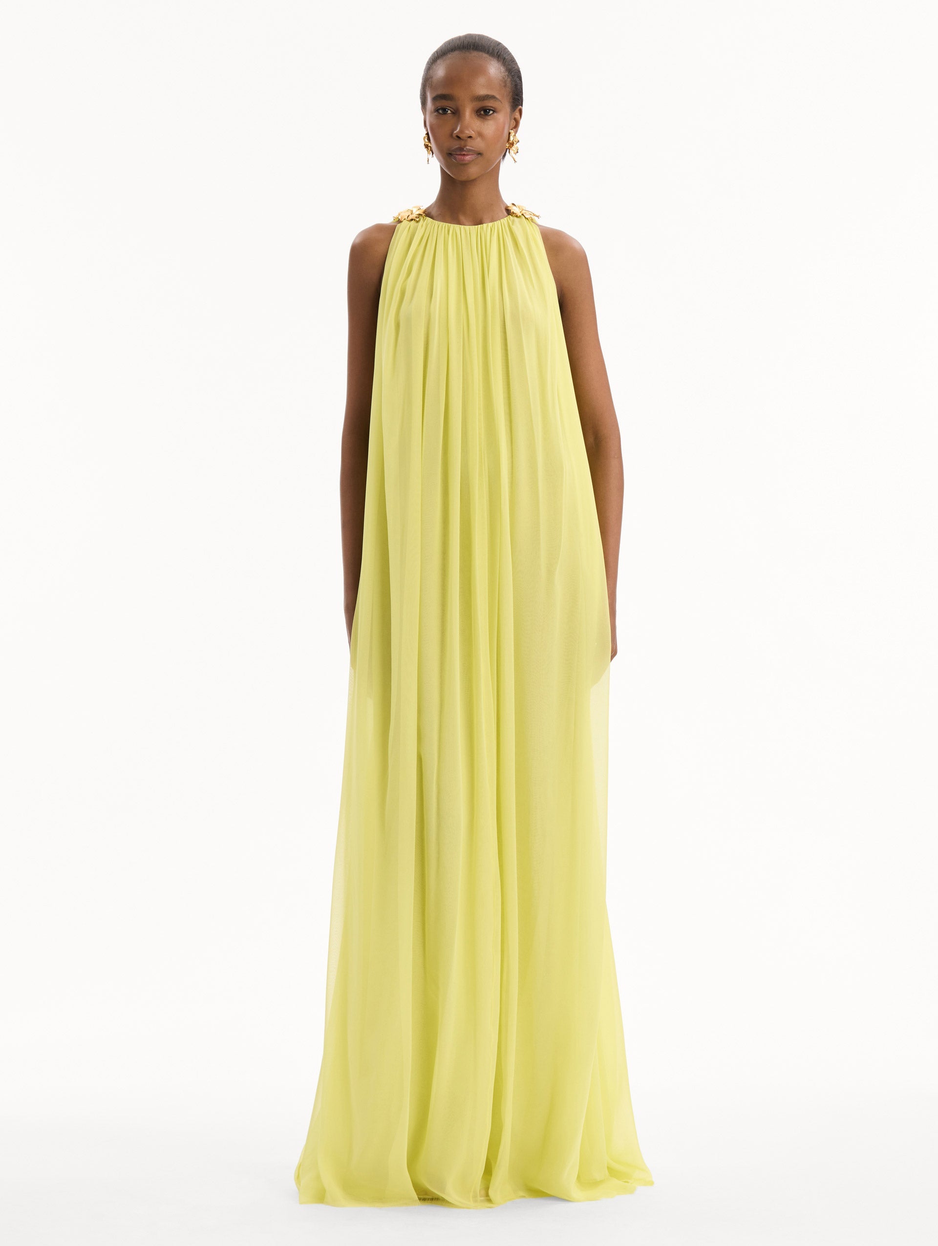 Oscar de la Renta Hibiscus-Detail Silk Chiffon Caftan