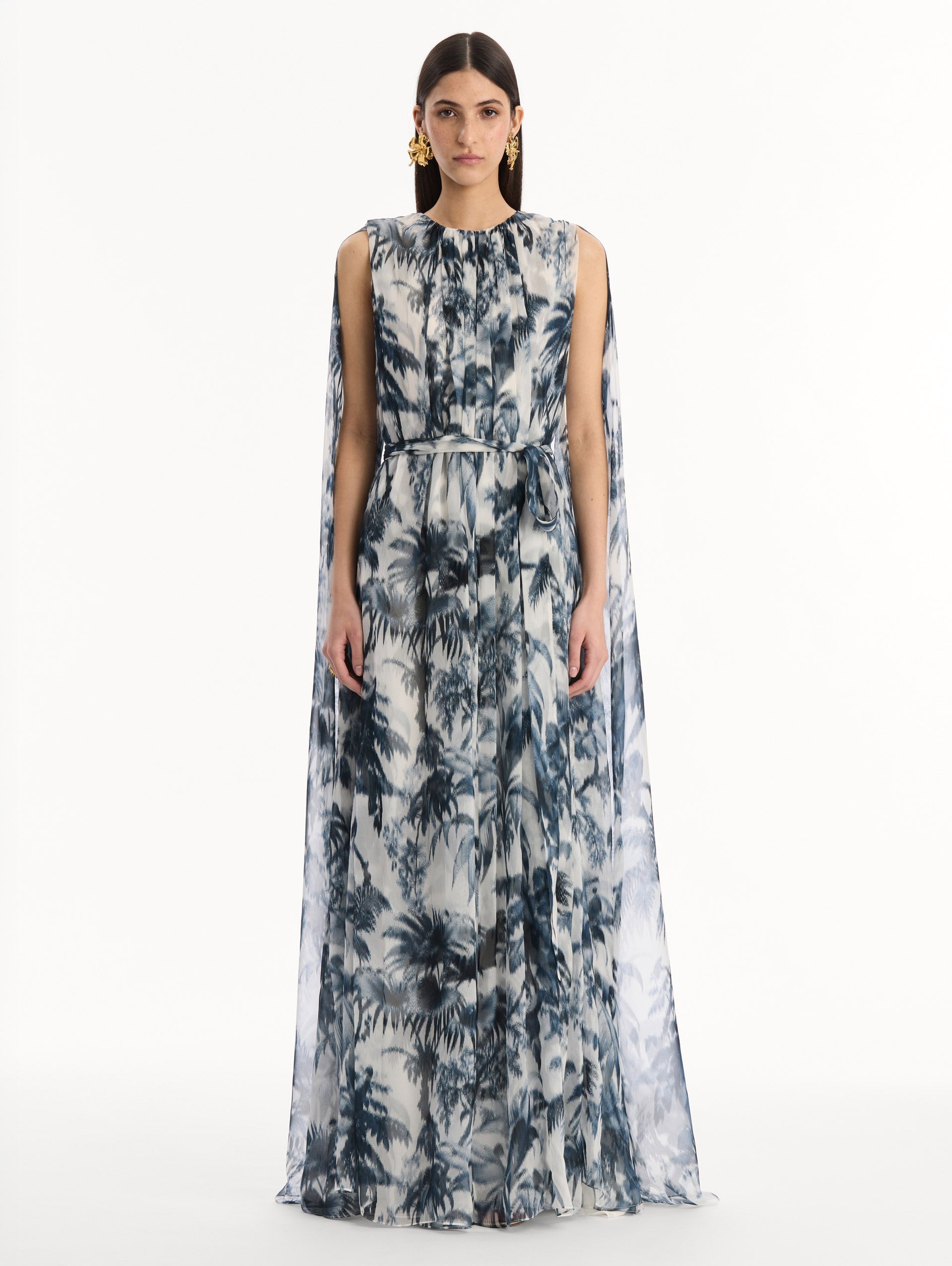 Oscar de la Renta Chiné Palm Leaves Silk Caftan