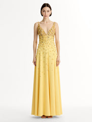 Oscar de la Renta Porcelain Flower Embroidered Sleeveless Gown