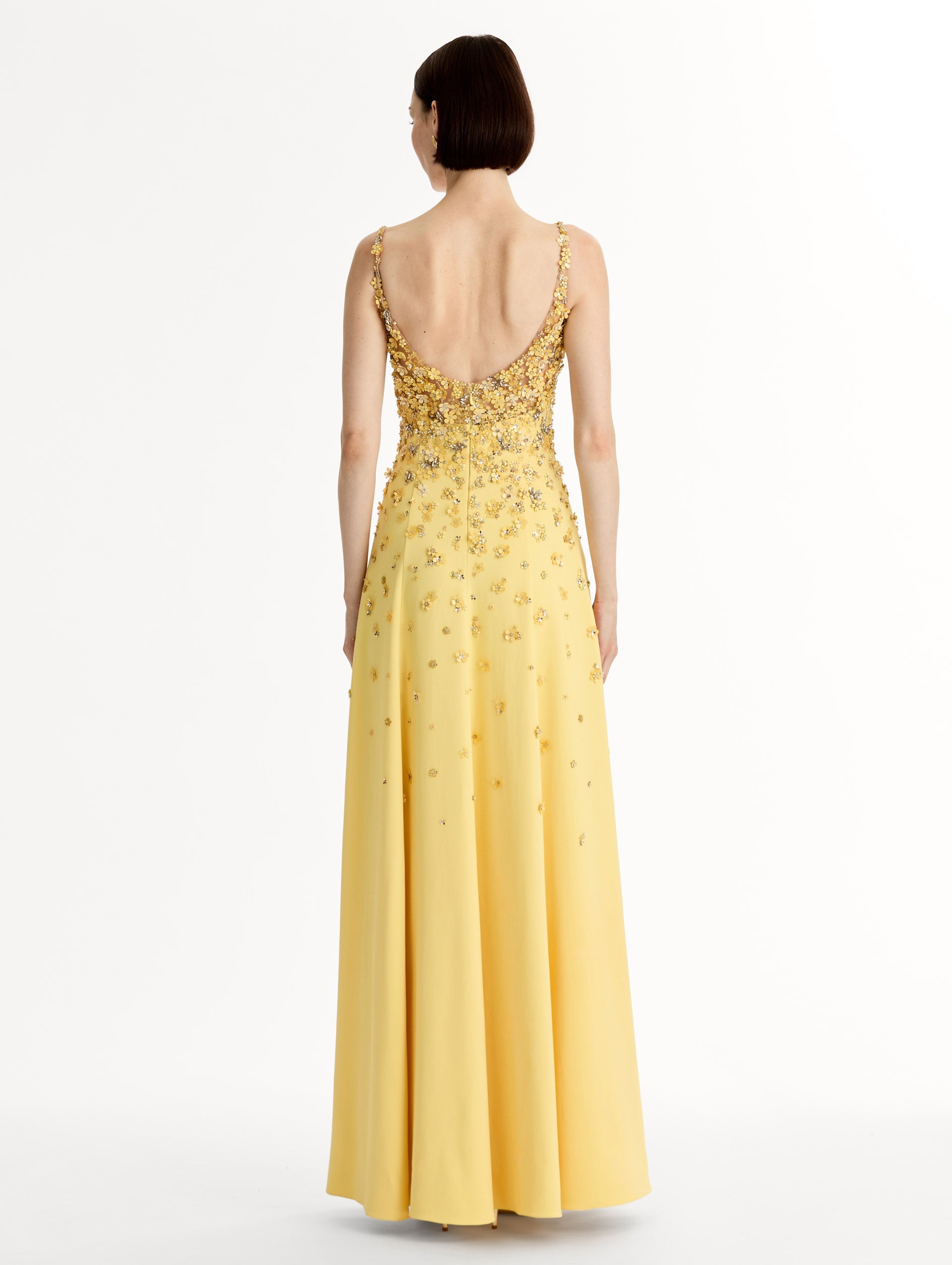 Oscar de la Renta Porcelain Flower Embroidered Sleeveless Gown