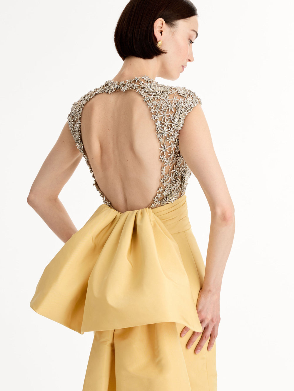 Oscar de la Renta Porcelain Flower Embroidered Short-Sleeve Gown