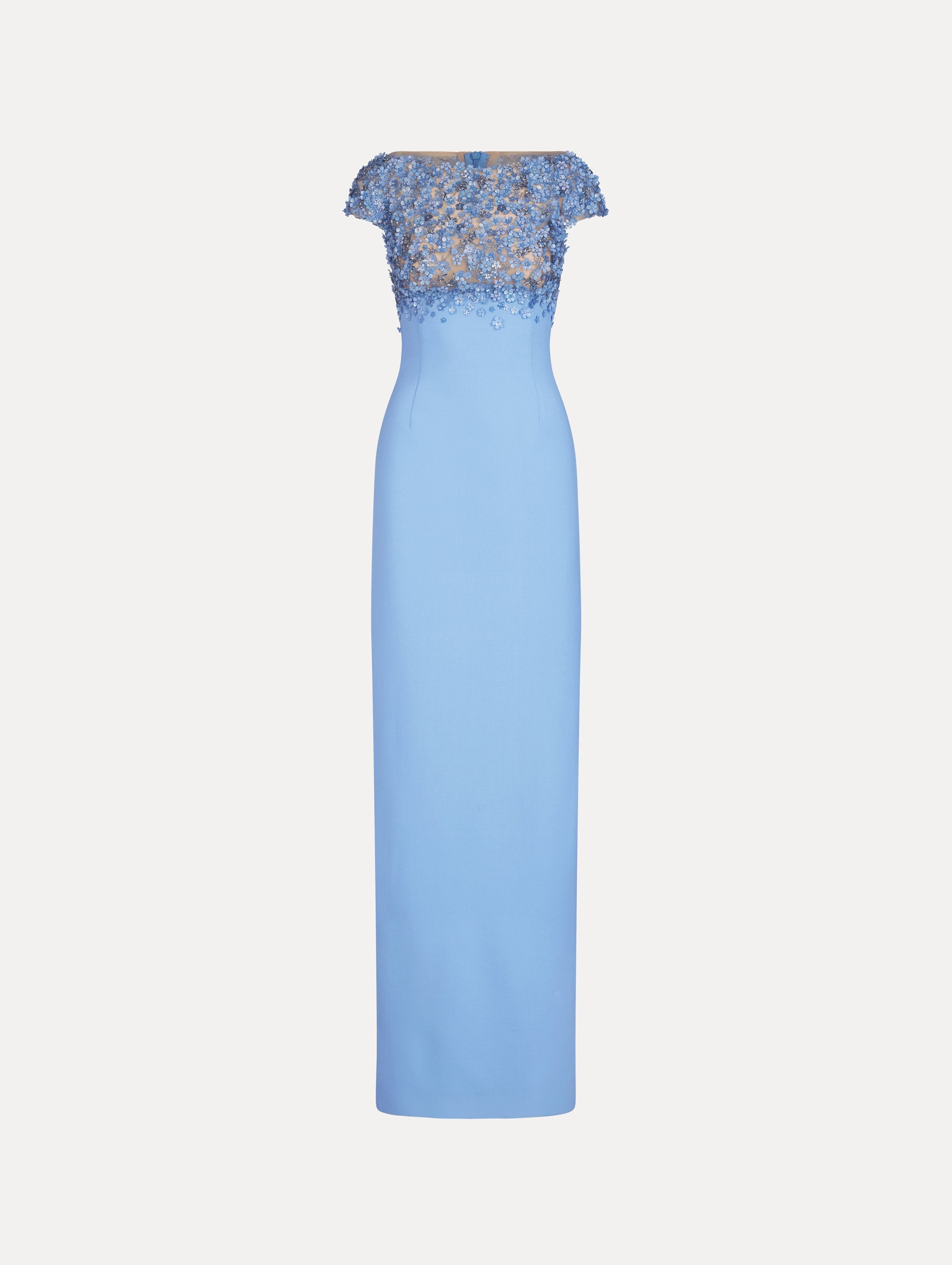 Oscar de la Renta Porcelain Flower Embroidered Cap-Sleeve Gown