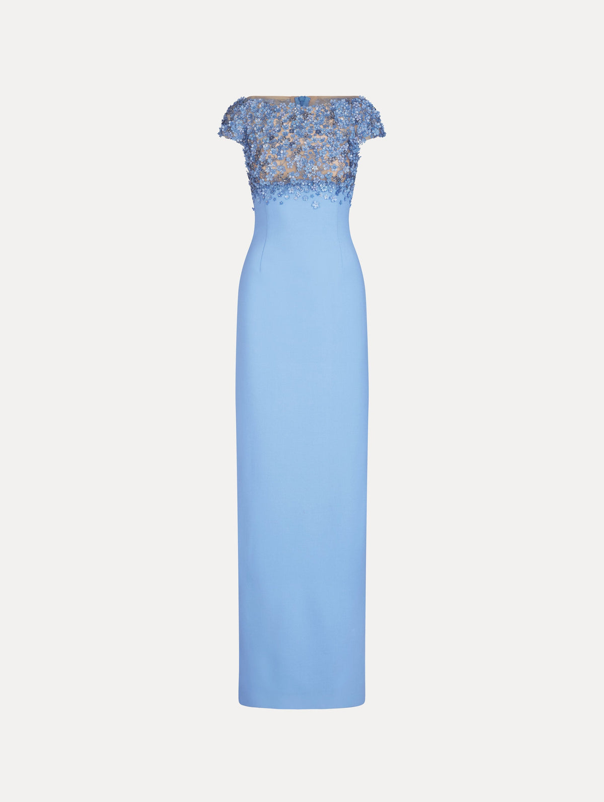 Oscar de la Renta Porcelain Flower Embroidered Cap-Sleeve Gown