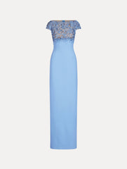 Oscar de la Renta Porcelain Flower Embroidered Cap-Sleeve Gown