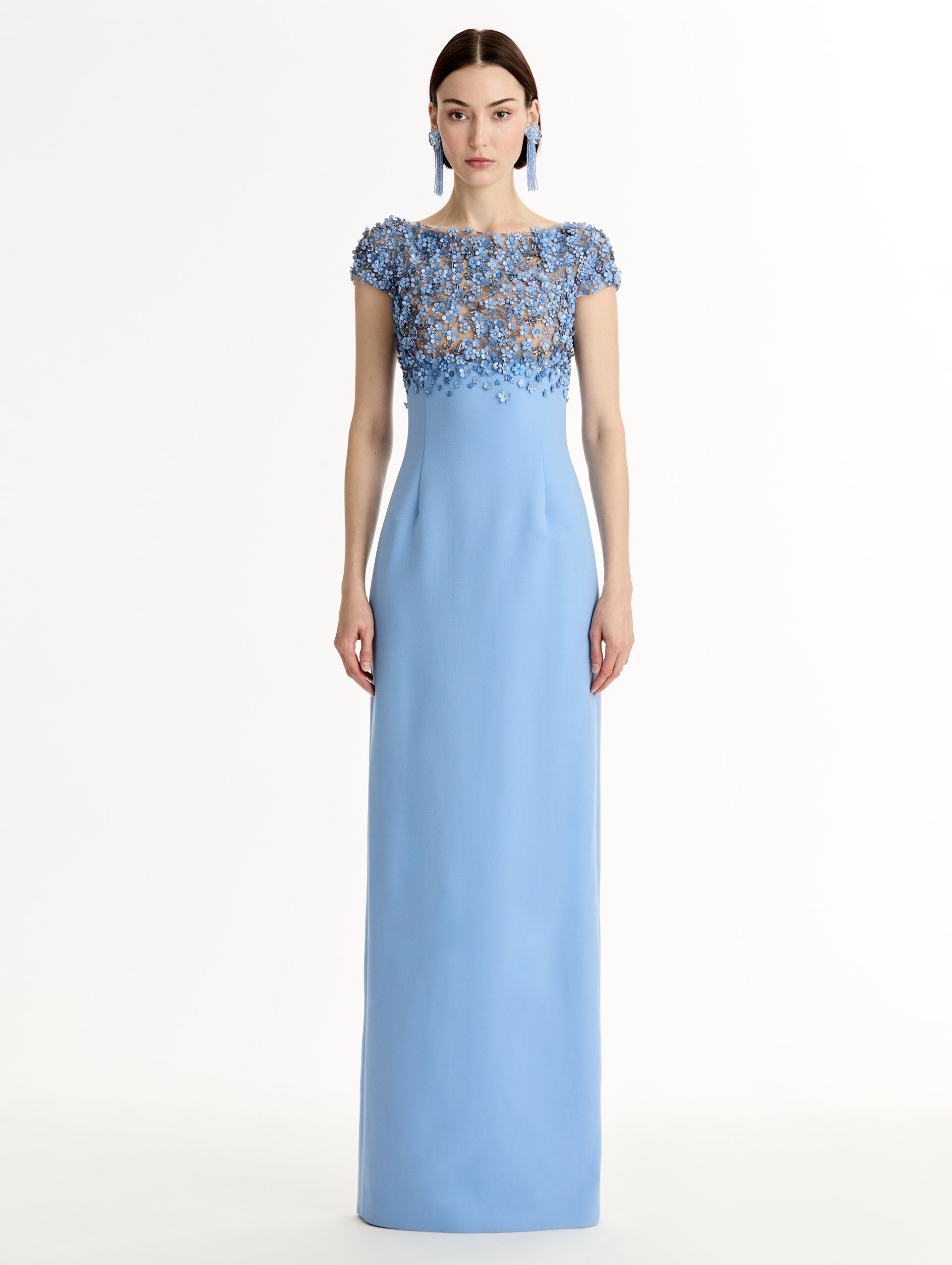 Oscar de la Renta Porcelain Flower Embroidered Cap-Sleeve Gown