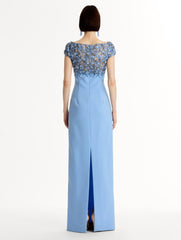 Oscar de la Renta Porcelain Flower Embroidered Cap-Sleeve Gown