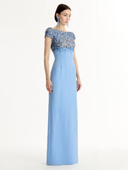Oscar de la Renta Porcelain Flower Embroidered Cap-Sleeve Gown
