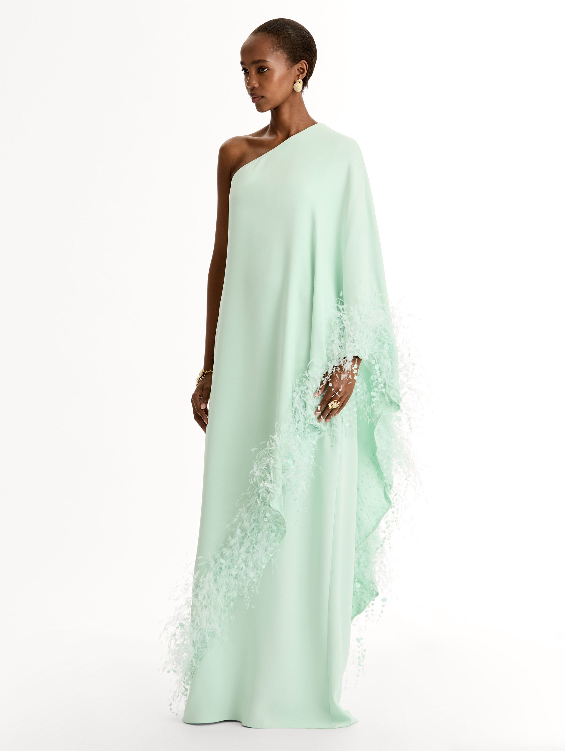 Oscar de la Renta Point d’Esprit Feather Embroidered Caftan