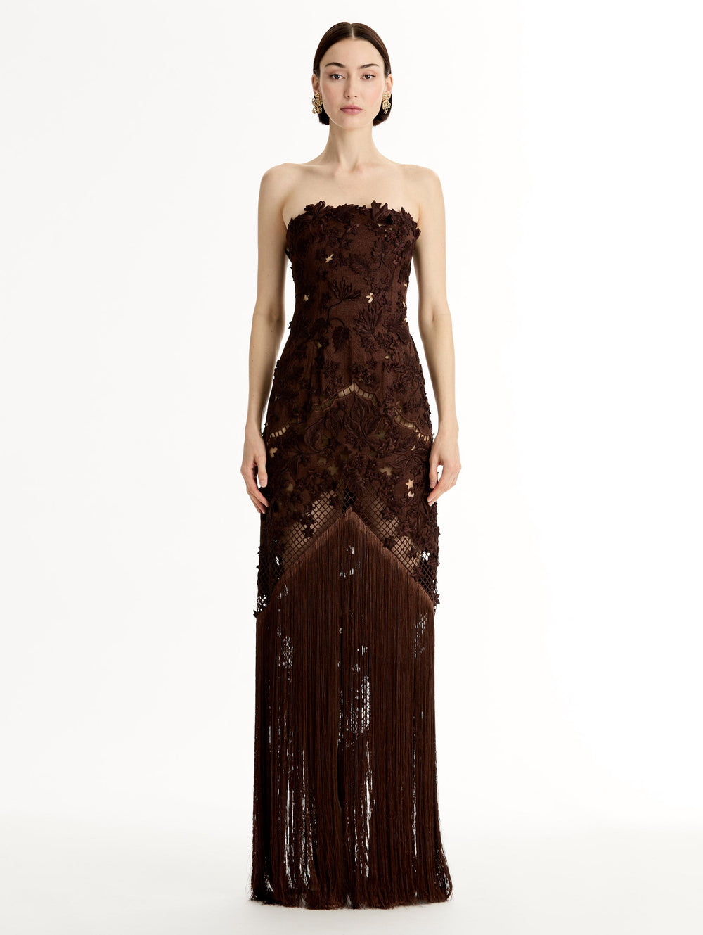 Oscar de la Renta Porcelain Flower Lattice Fringe Gown