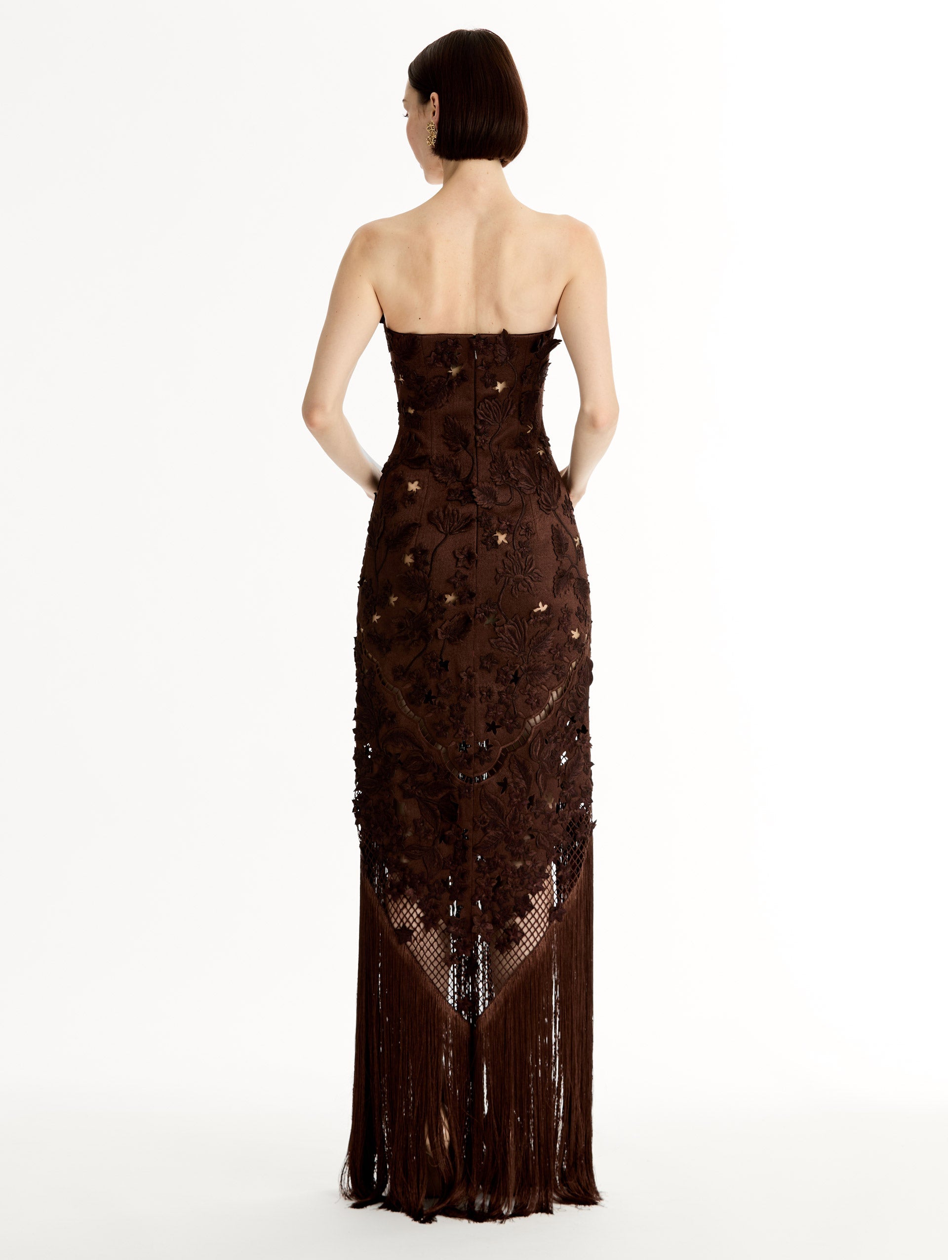 Oscar de la Renta Porcelain Flower Lattice Fringe Gown