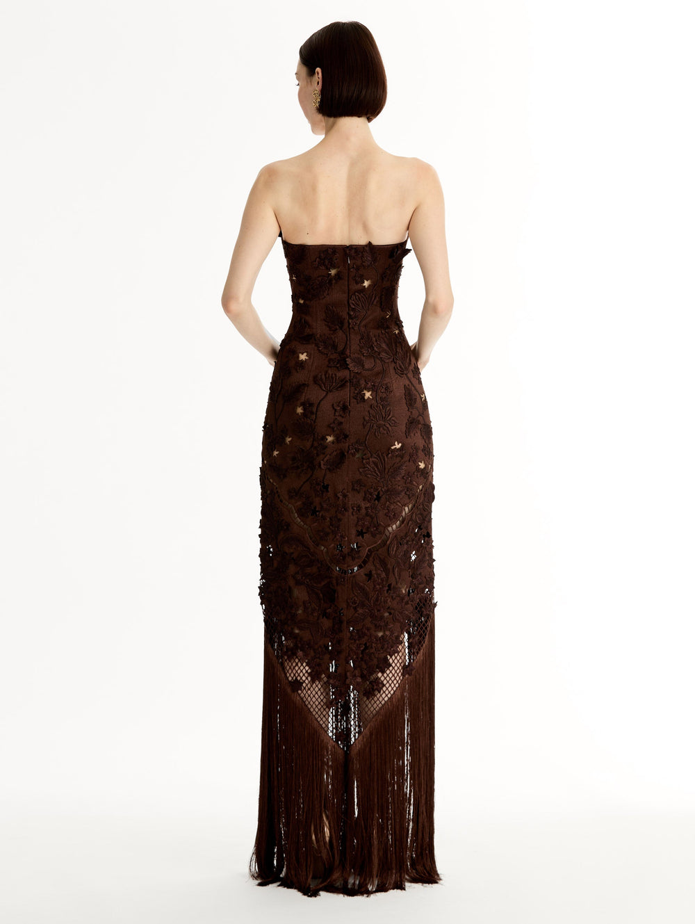 Oscar de la Renta Porcelain Flower Lattice Fringe Gown