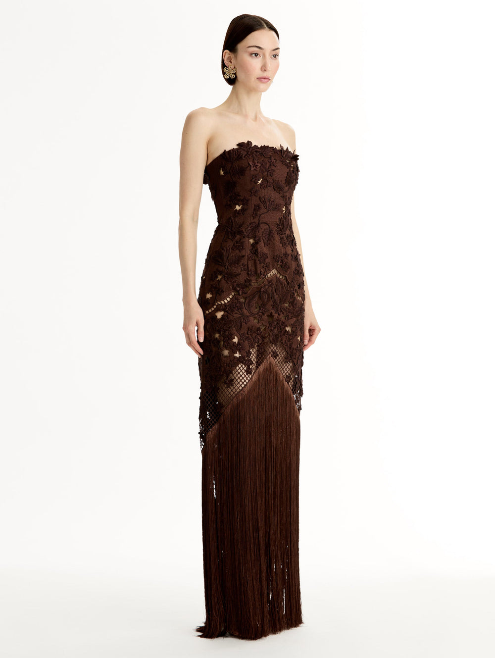 Oscar de la Renta Porcelain Flower Lattice Fringe Gown