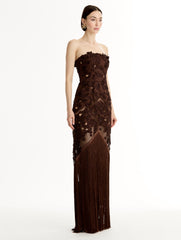 Oscar de la Renta Porcelain Flower Lattice Fringe Gown