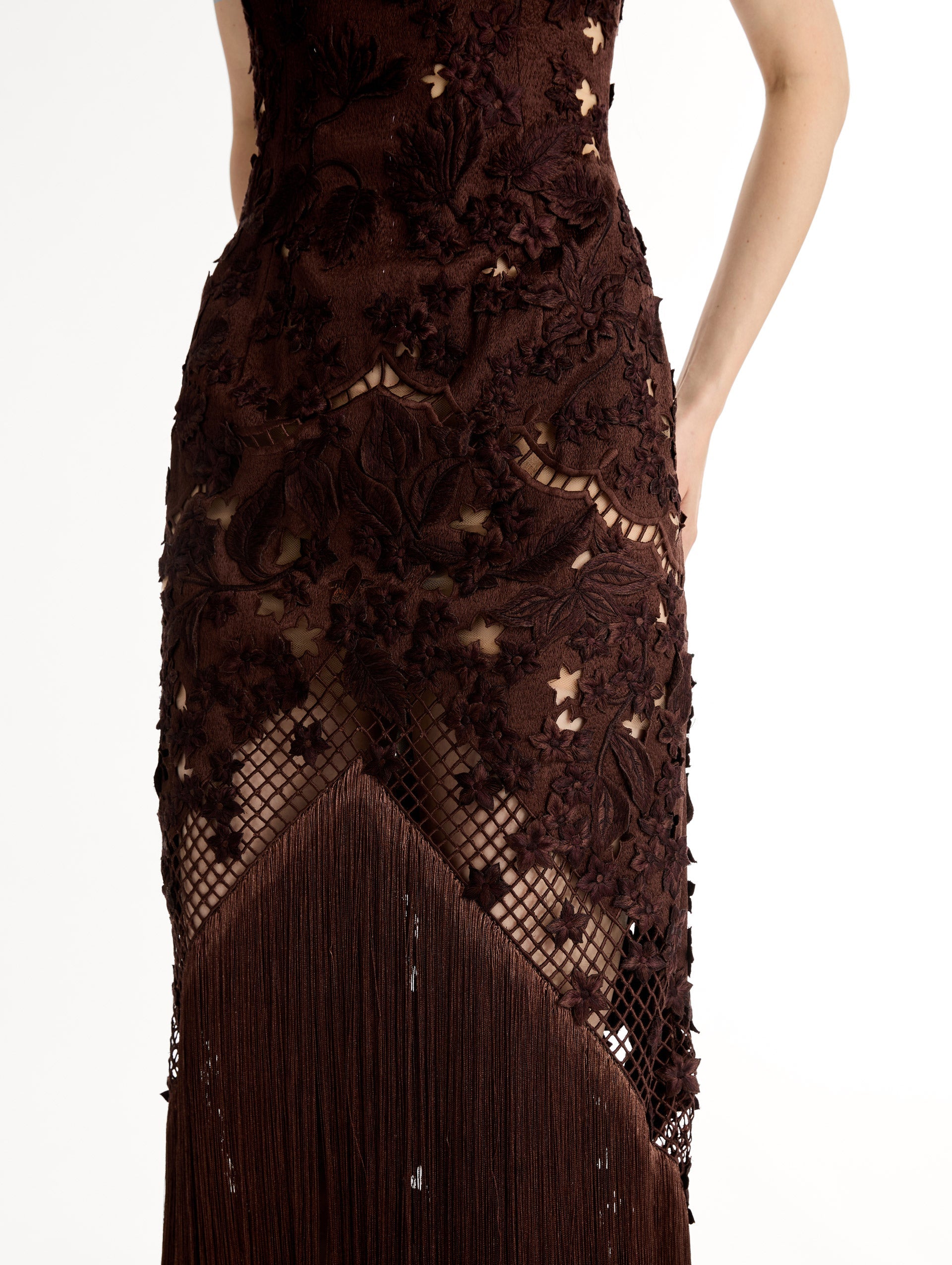 Oscar de la Renta Porcelain Flower Lattice Fringe Gown