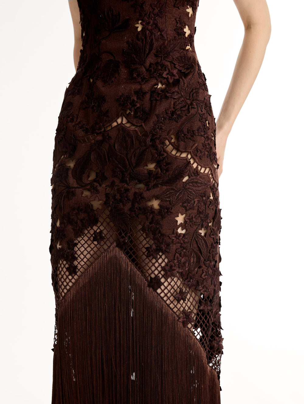 Oscar de la Renta Porcelain Flower Lattice Fringe Gown