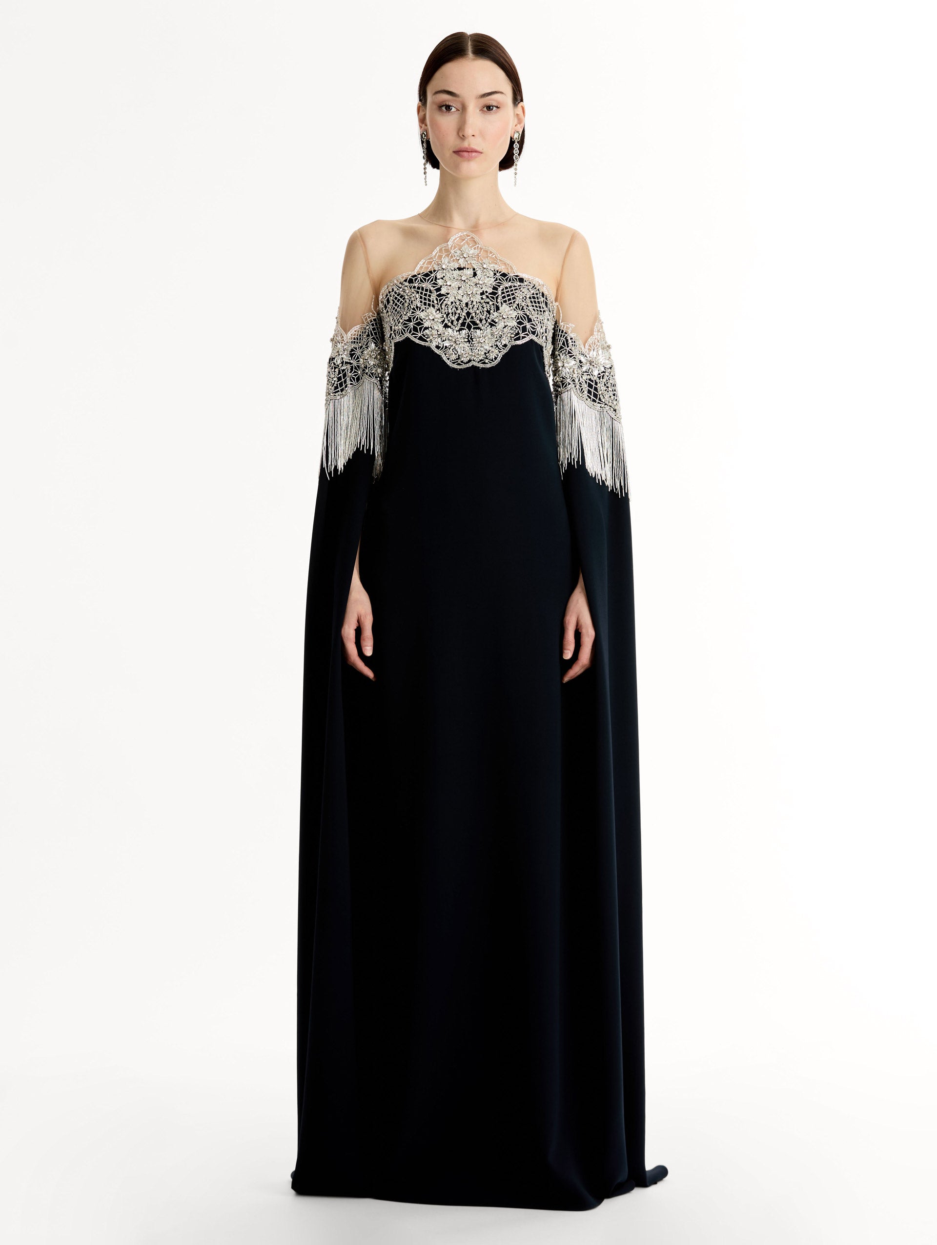 Oscar de la Renta Porcelain Flower Lattice Fringe Caftan