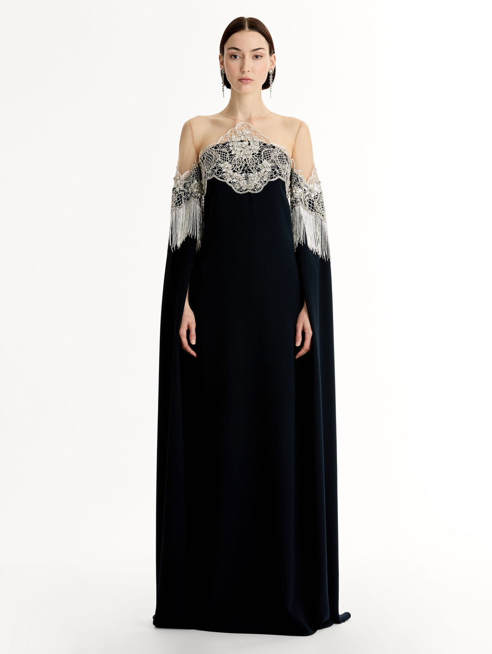Oscar de la Renta Porcelain Flower Lattice Fringe Caftan