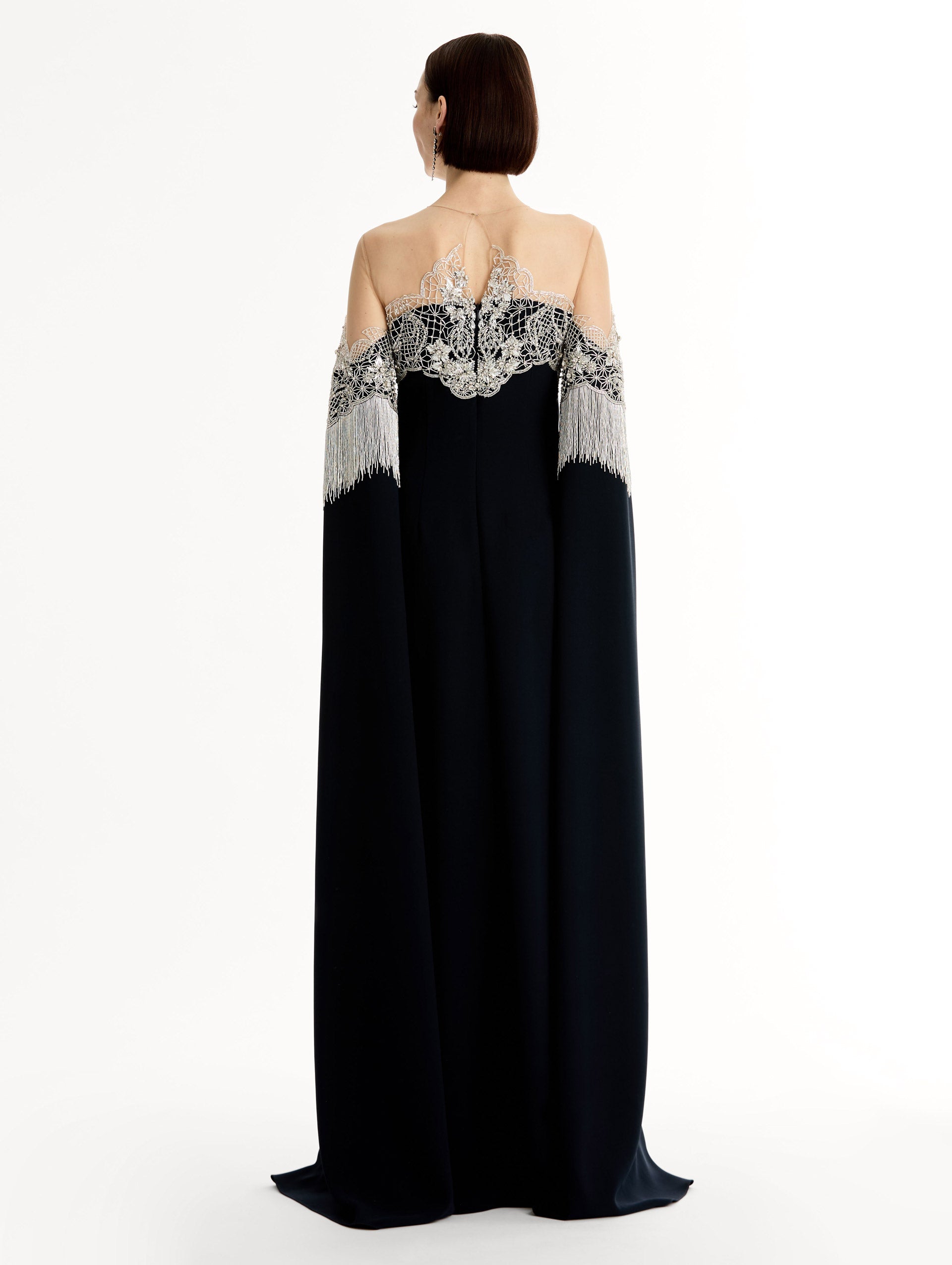Oscar de la Renta Porcelain Flower Lattice Fringe Caftan