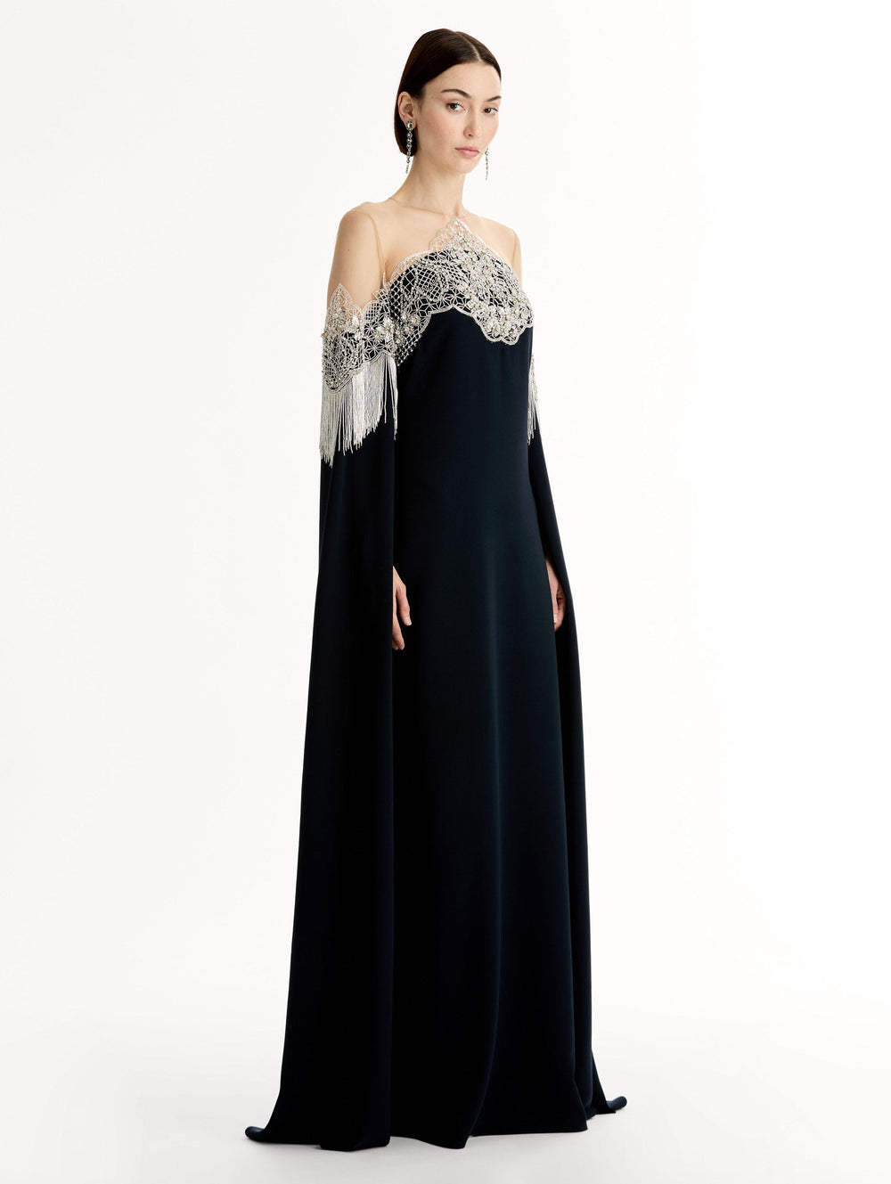 Oscar de la Renta Porcelain Flower Lattice Fringe Caftan