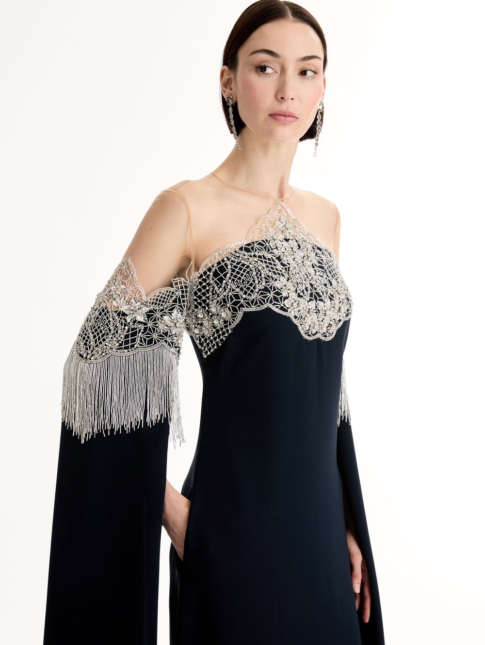 Oscar de la Renta Porcelain Flower Lattice Fringe Caftan