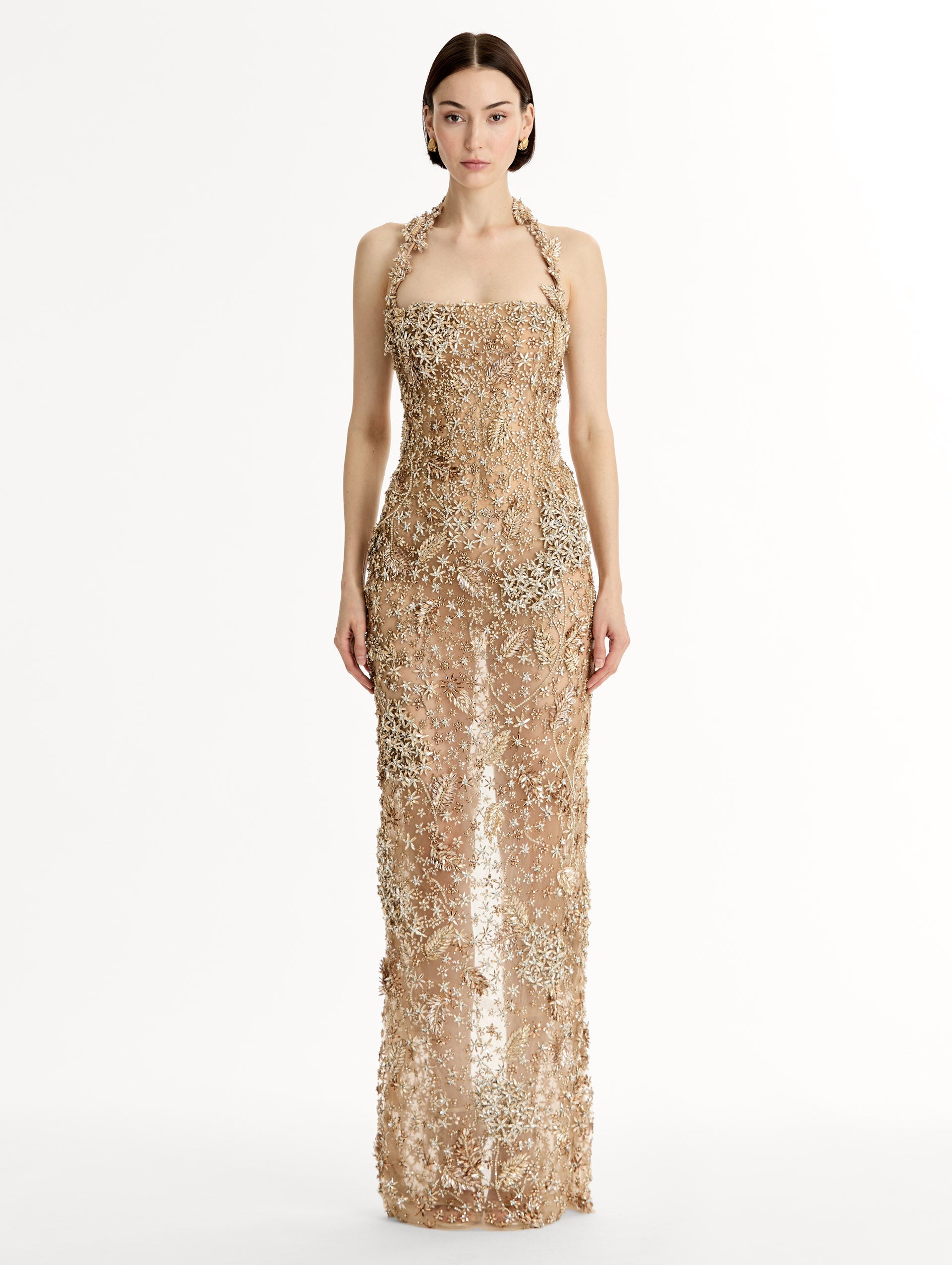 Oscar de la Renta Porcelain Flower Crystal Embroidered Gown
