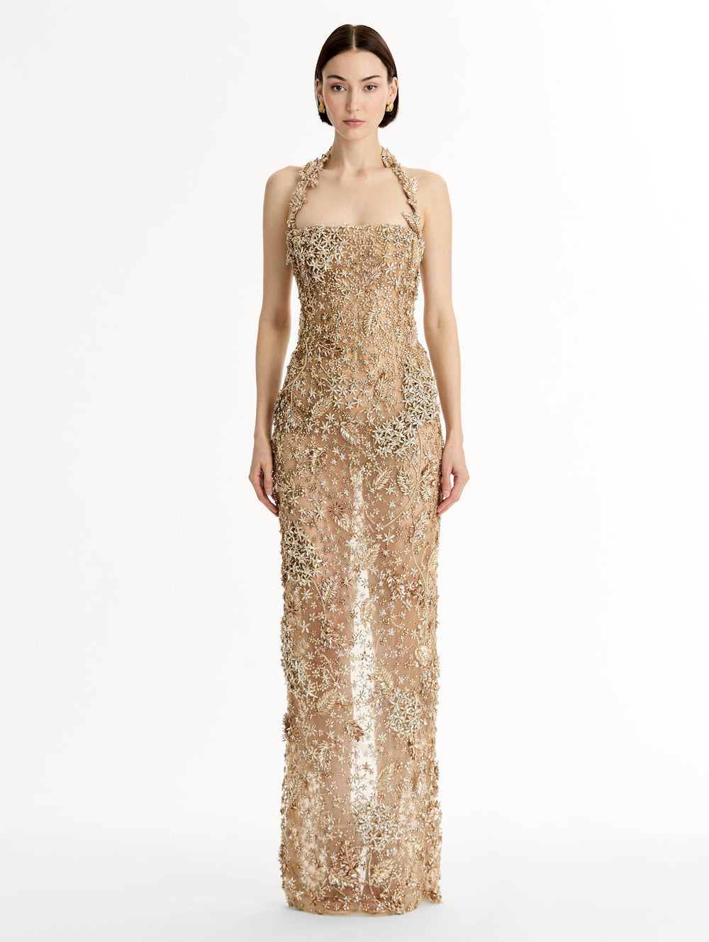 Oscar de la Renta Porcelain Flower Crystal Embroidered Gown