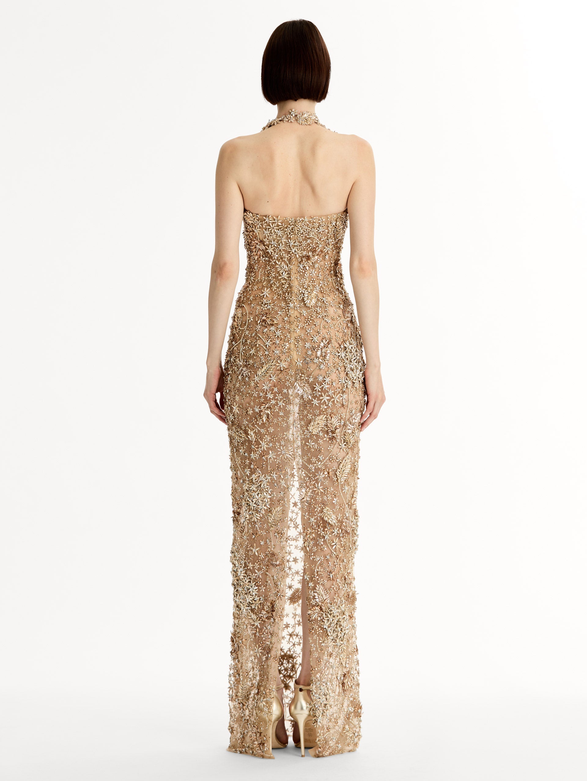Oscar de la Renta Porcelain Flower Crystal Embroidered Gown