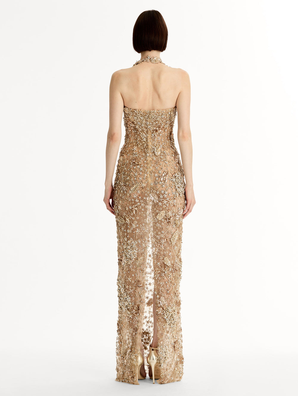 Oscar de la Renta Porcelain Flower Crystal Embroidered Gown