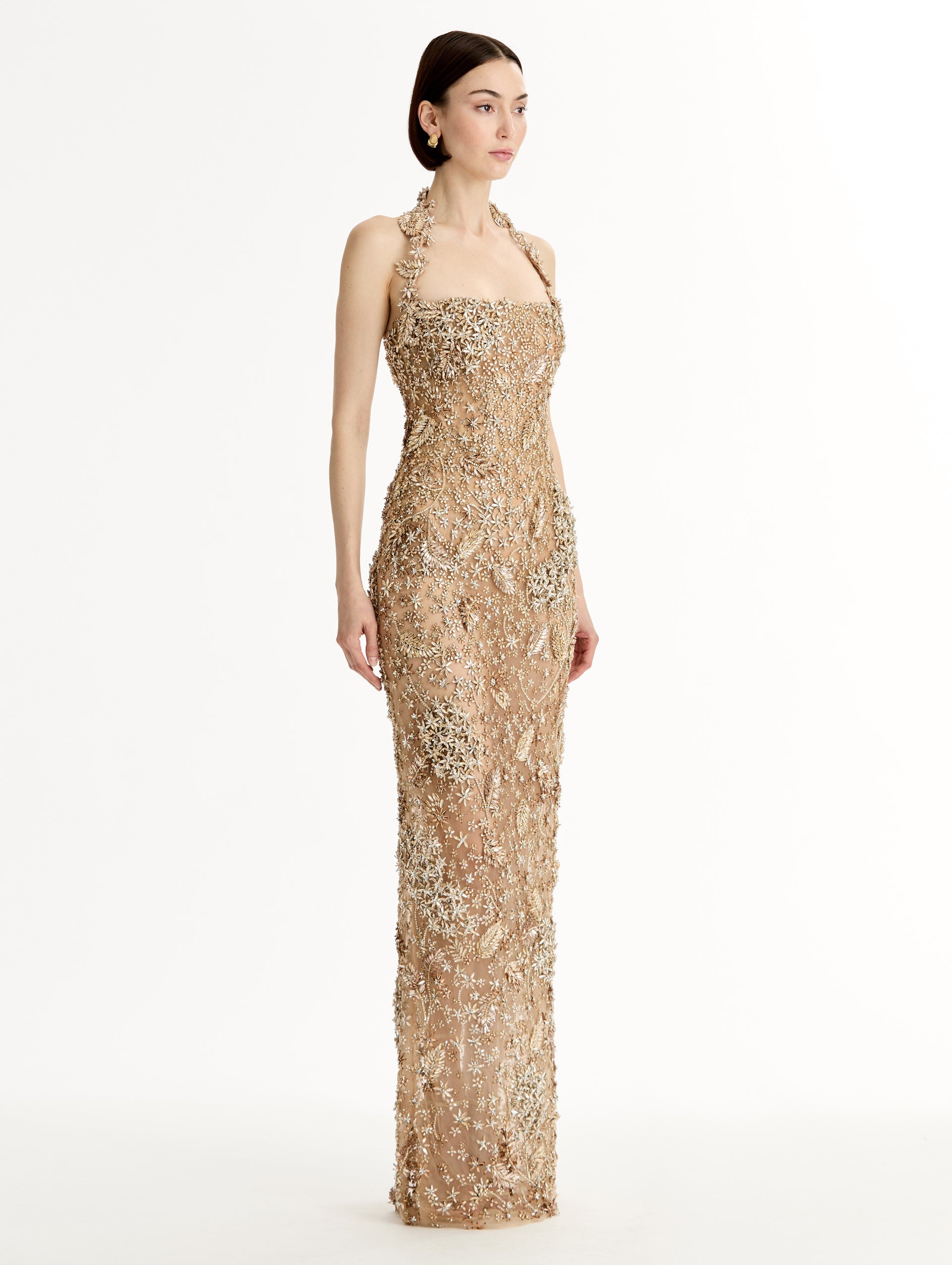 Oscar de la Renta Porcelain Flower Crystal Embroidered Gown