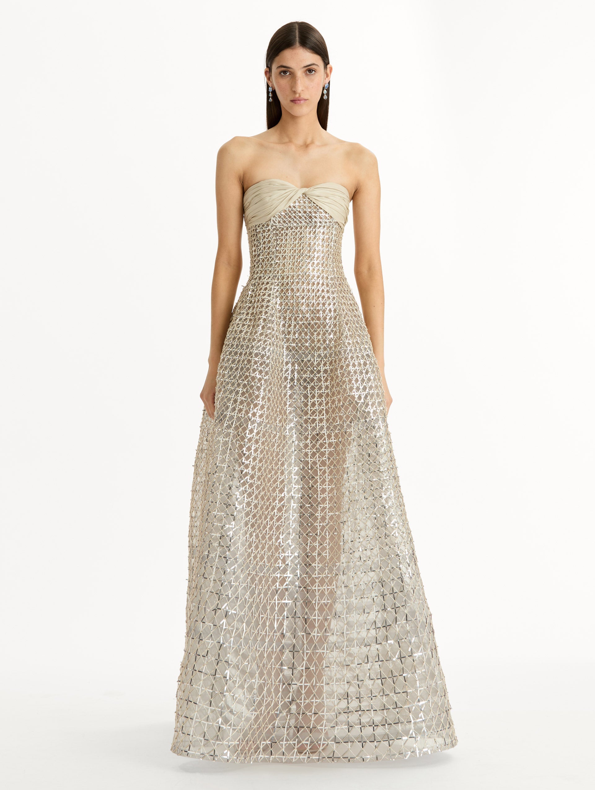 Oscar de la Renta Sequin & Bugle Bead Lattice Gown